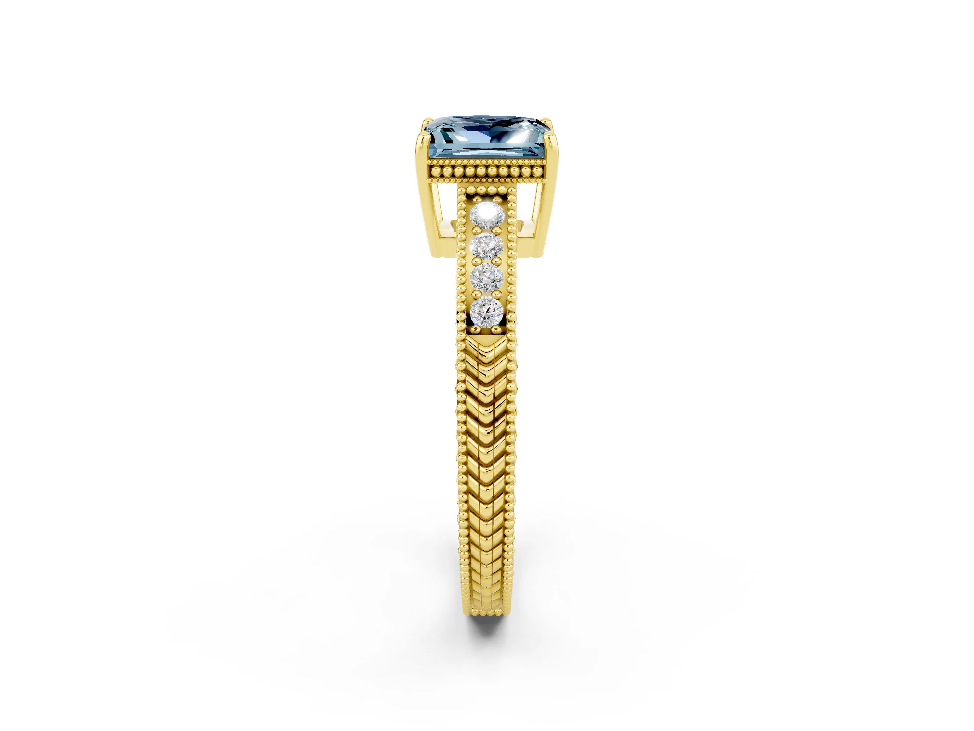 Yellow gold Princess Cut Aquamarine Engagement Ring with Milgrain Channel Set Band and Prong Setting_2