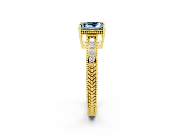 Yellow gold Princess Cut Aquamarine Engagement Ring with Milgrain Channel Set Band and Prong Setting