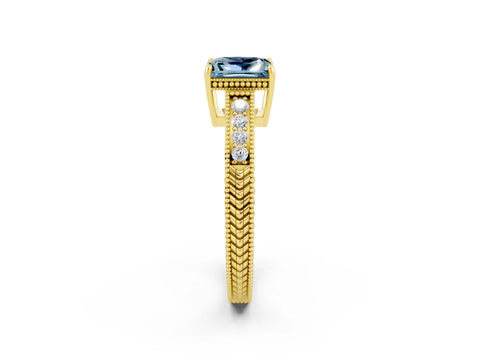 Yellow gold Princess Cut Aquamarine Engagement Ring with Milgrain Channel Set Band and Prong Setting_2