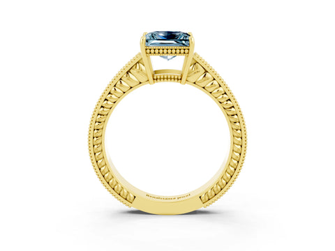 Yellow gold Princess Cut Aquamarine Engagement Ring with Milgrain Channel Set Band and Prong Setting_3