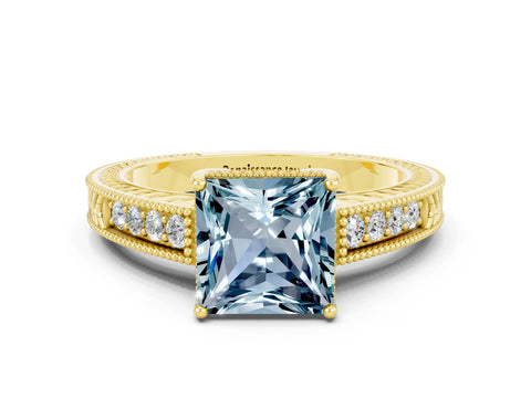Yellow gold Princess Cut Aquamarine Engagement Ring with Milgrain Channel Set Band and Prong Setting