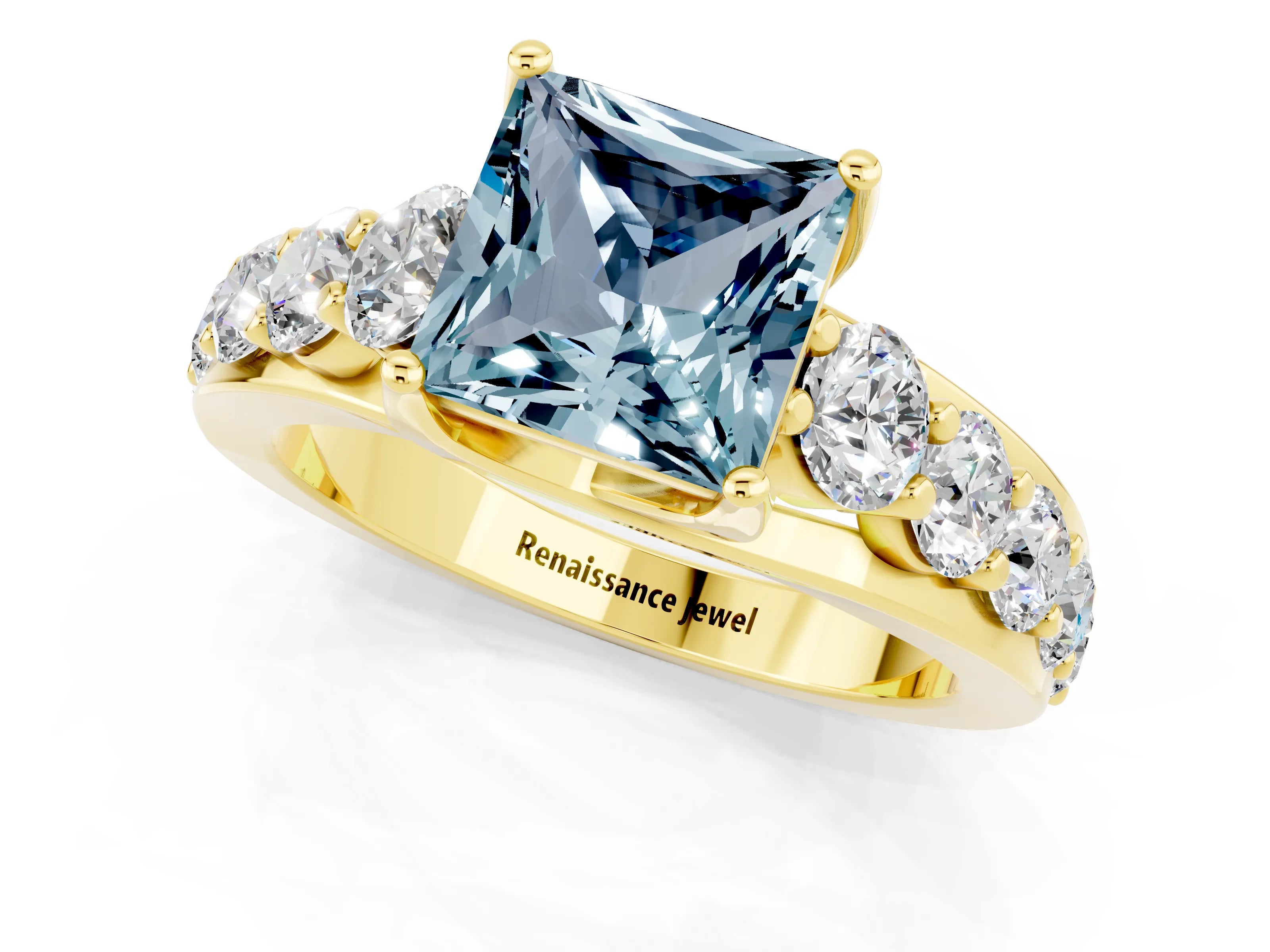 Yellow gold Princess Cut Aquamarine Engagement Ring with Pavé Band and Four-Prong Setting_1