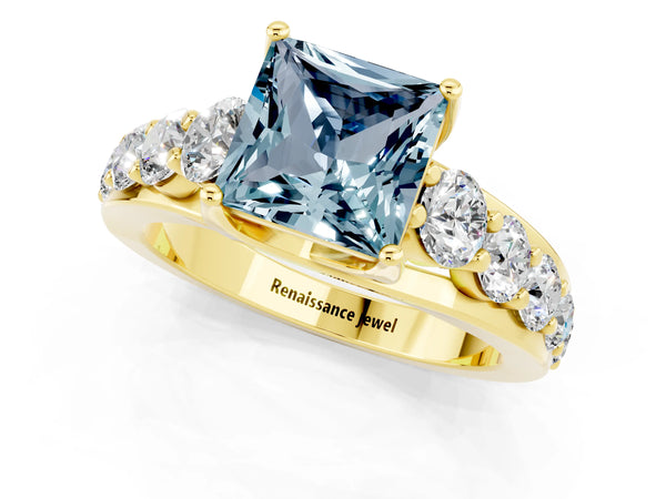 Yellow gold Princess Cut Aquamarine Engagement Ring with Pavé Band and Four-Prong Setting