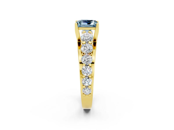Yellow gold Princess Cut Aquamarine Engagement Ring with Pavé Band and Four-Prong Setting