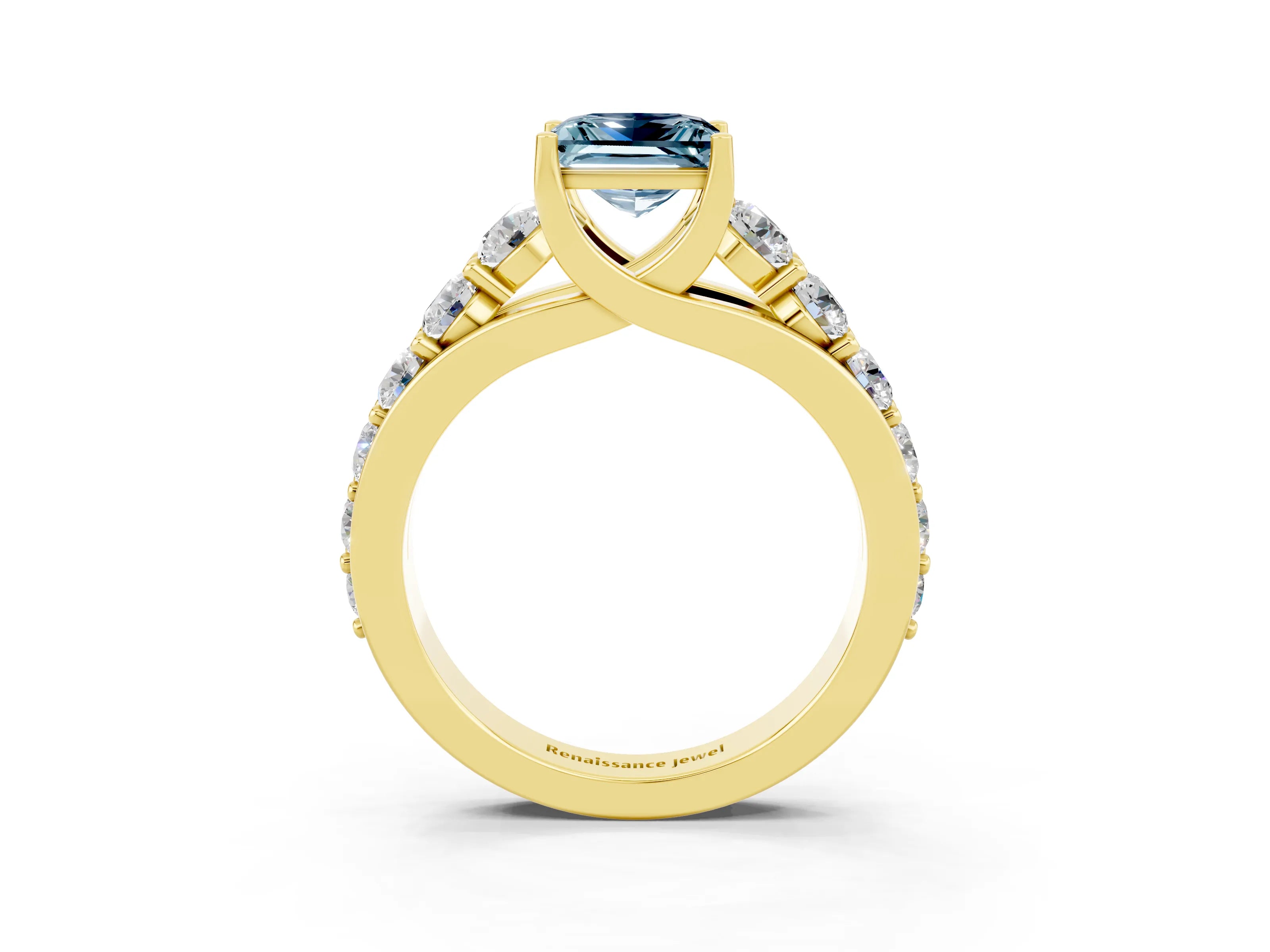 Yellow gold Princess Cut Aquamarine Engagement Ring with Pavé Band and Four-Prong Setting_3
