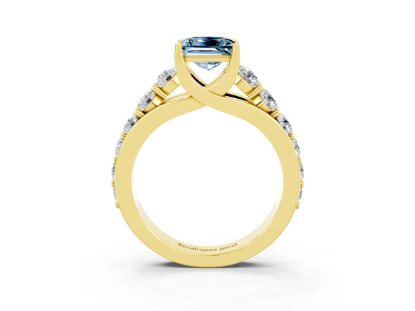 Yellow gold Princess Cut Aquamarine Engagement Ring with Pavé Band and Four-Prong Setting