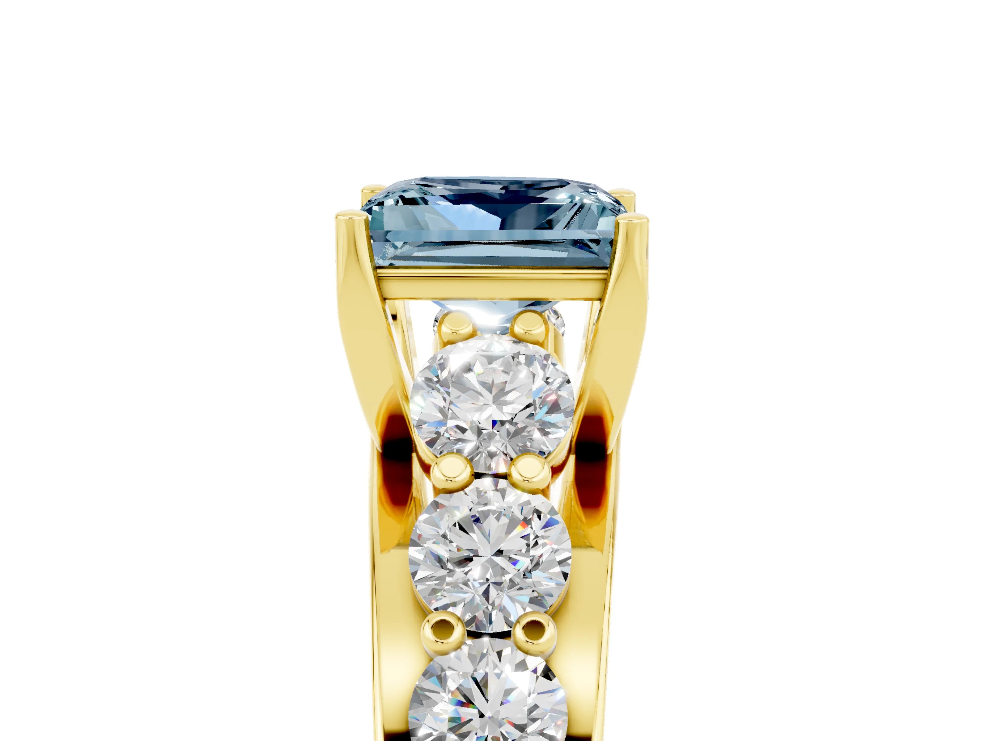 Yellow gold Princess Cut Aquamarine Engagement Ring with Pavé Band and Four-Prong Setting_5