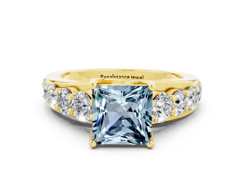 Yellow gold Princess Cut Aquamarine Engagement Ring with Pavé Band and Four-Prong Setting