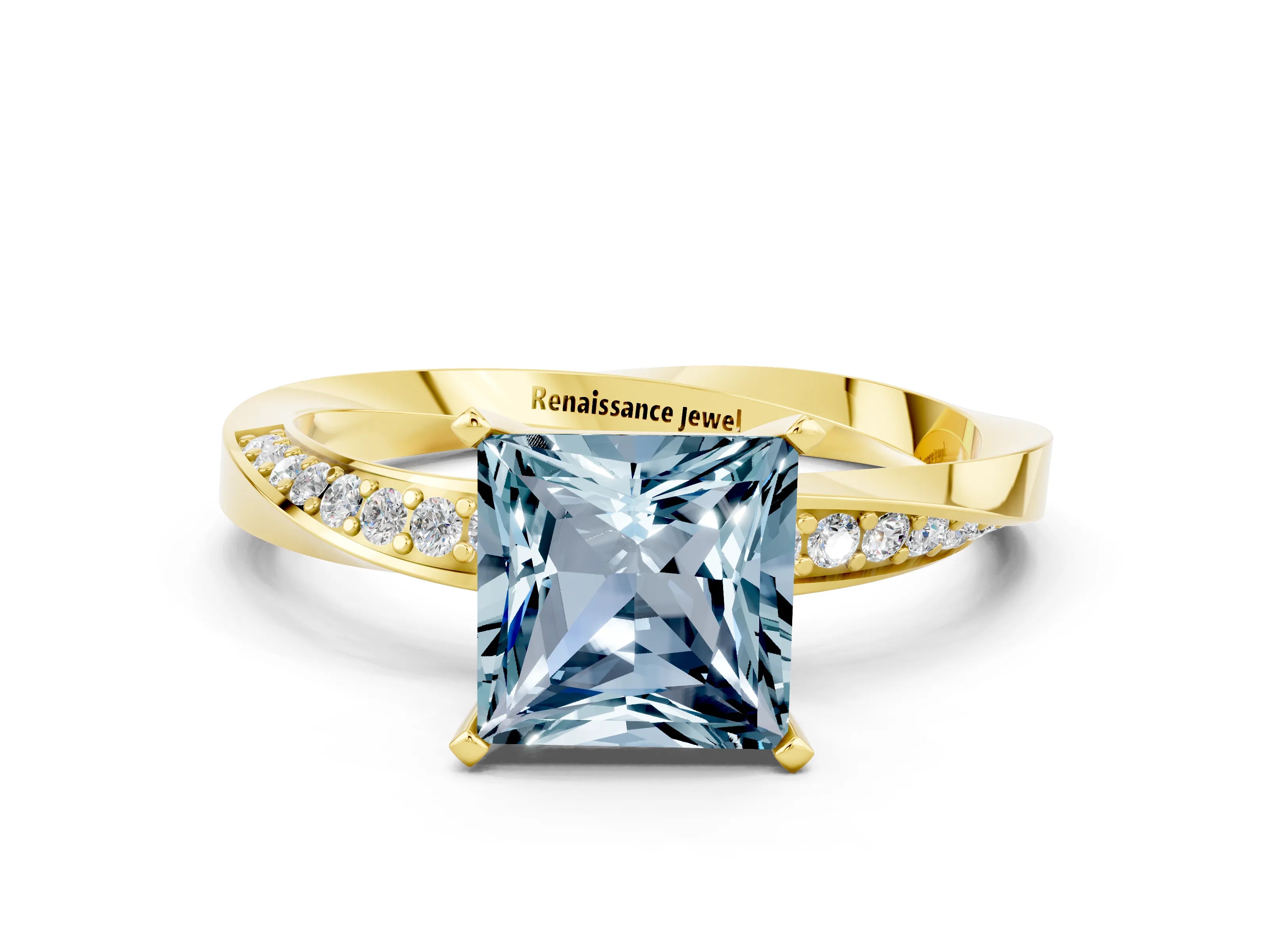 Yellow gold Princess Cut Aquamarine Engagement Ring with Side Stone Accents and Four-Prong Setting_39