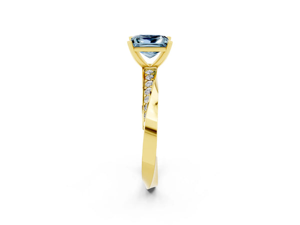Yellow gold Princess Cut Aquamarine Engagement Ring with Side Stone Accents and Four-Prong Setting