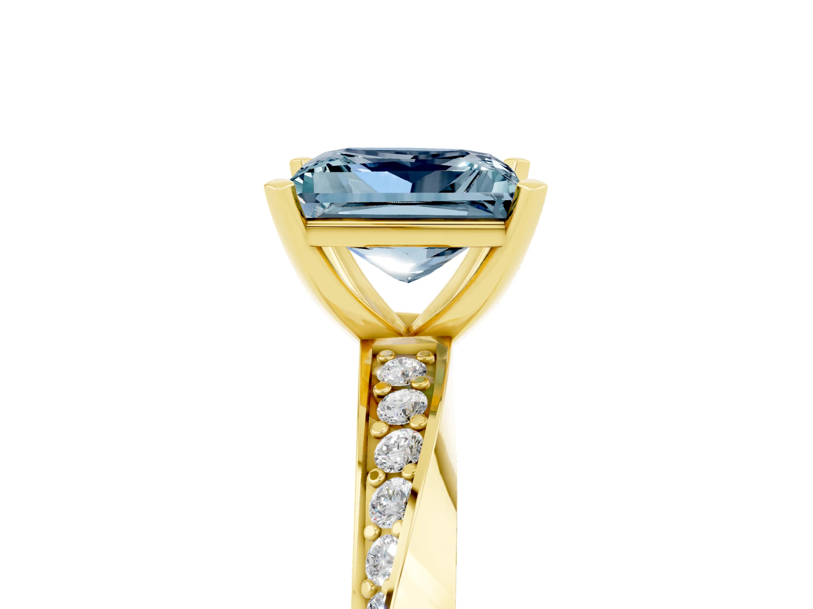 Yellow gold Princess Cut Aquamarine Engagement Ring with Side Stone Accents and Four-Prong Setting_44