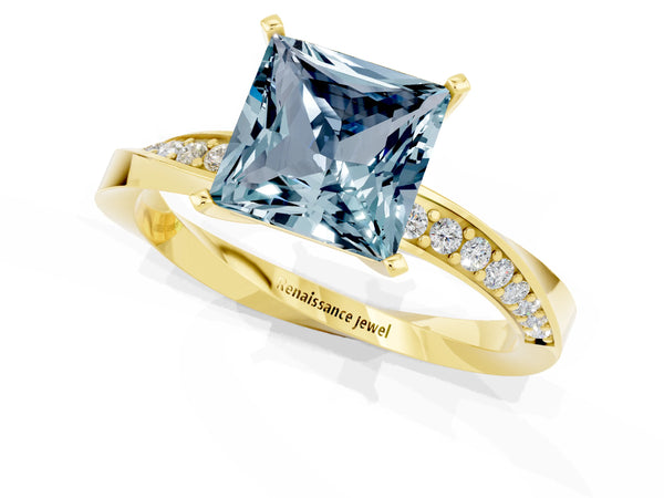 Yellow gold Princess Cut Aquamarine Engagement Ring with Side Stone Accents and Four-Prong Setting
