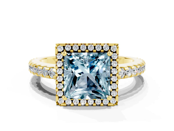 Yellow gold Princess Cut Aquamarine Halo Engagement Ring with Pavé Band and Prong Setting
