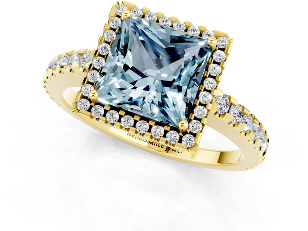 Yellow gold Princess Cut Aquamarine Halo Engagement Ring with Pavé Band and Prong Setting