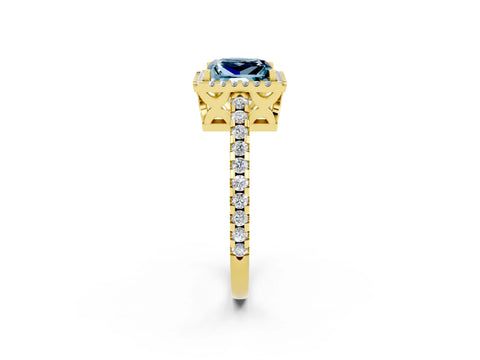Yellow gold Princess Cut Aquamarine Halo Engagement Ring with Pavé Band and Prong Setting_14