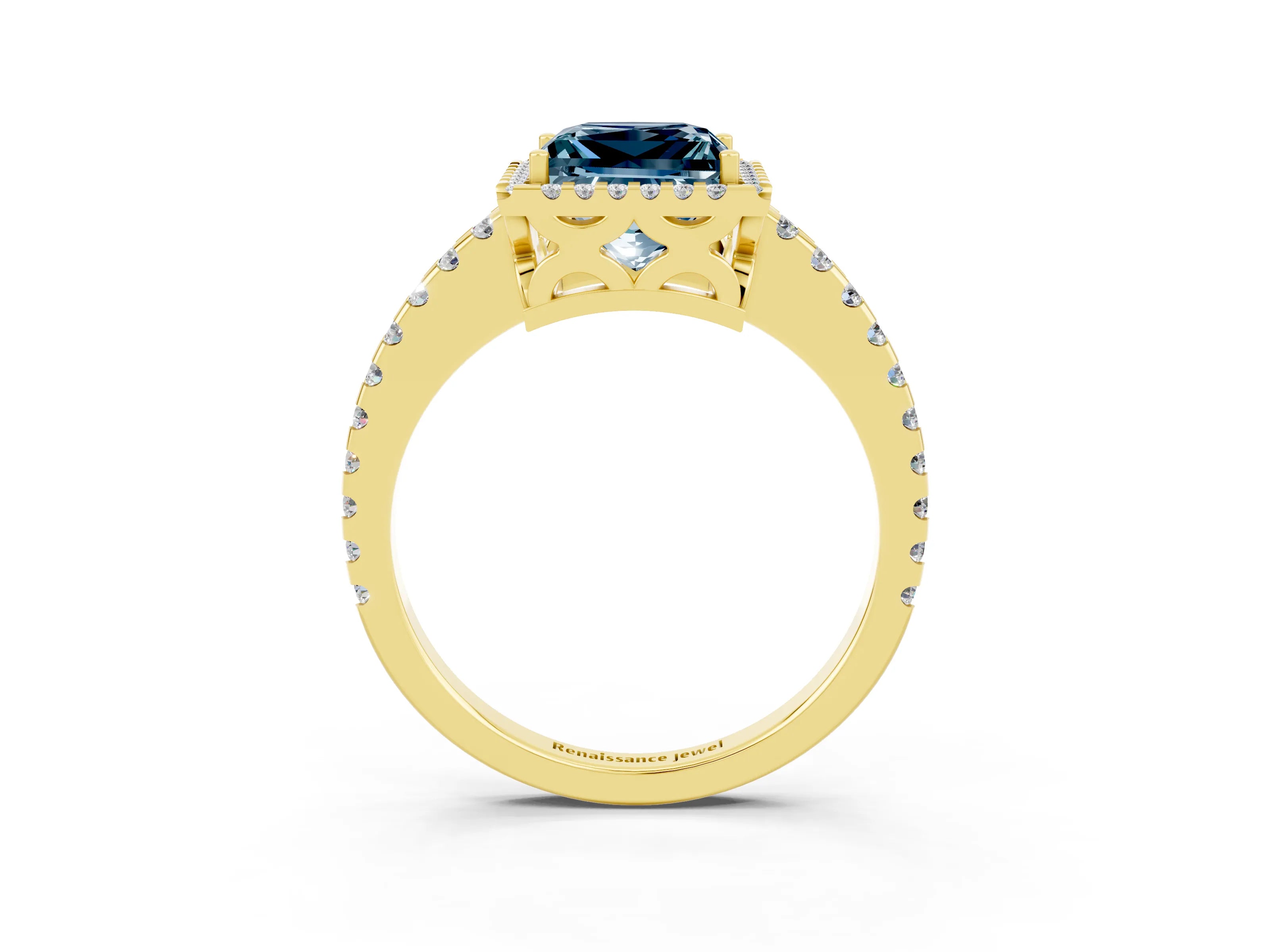 Yellow gold Princess Cut Aquamarine Halo Engagement Ring with Pavé Band and Prong Setting_15