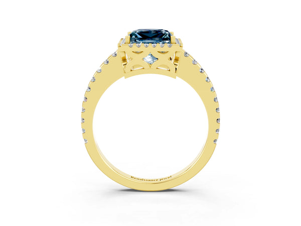 Yellow gold Princess Cut Aquamarine Halo Engagement Ring with Pavé Band and Prong Setting