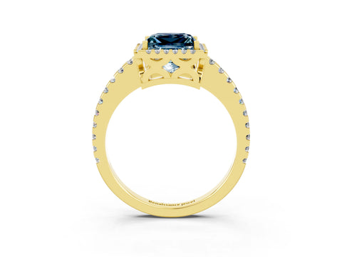 Yellow gold Princess Cut Aquamarine Halo Engagement Ring with Pavé Band and Prong Setting_15