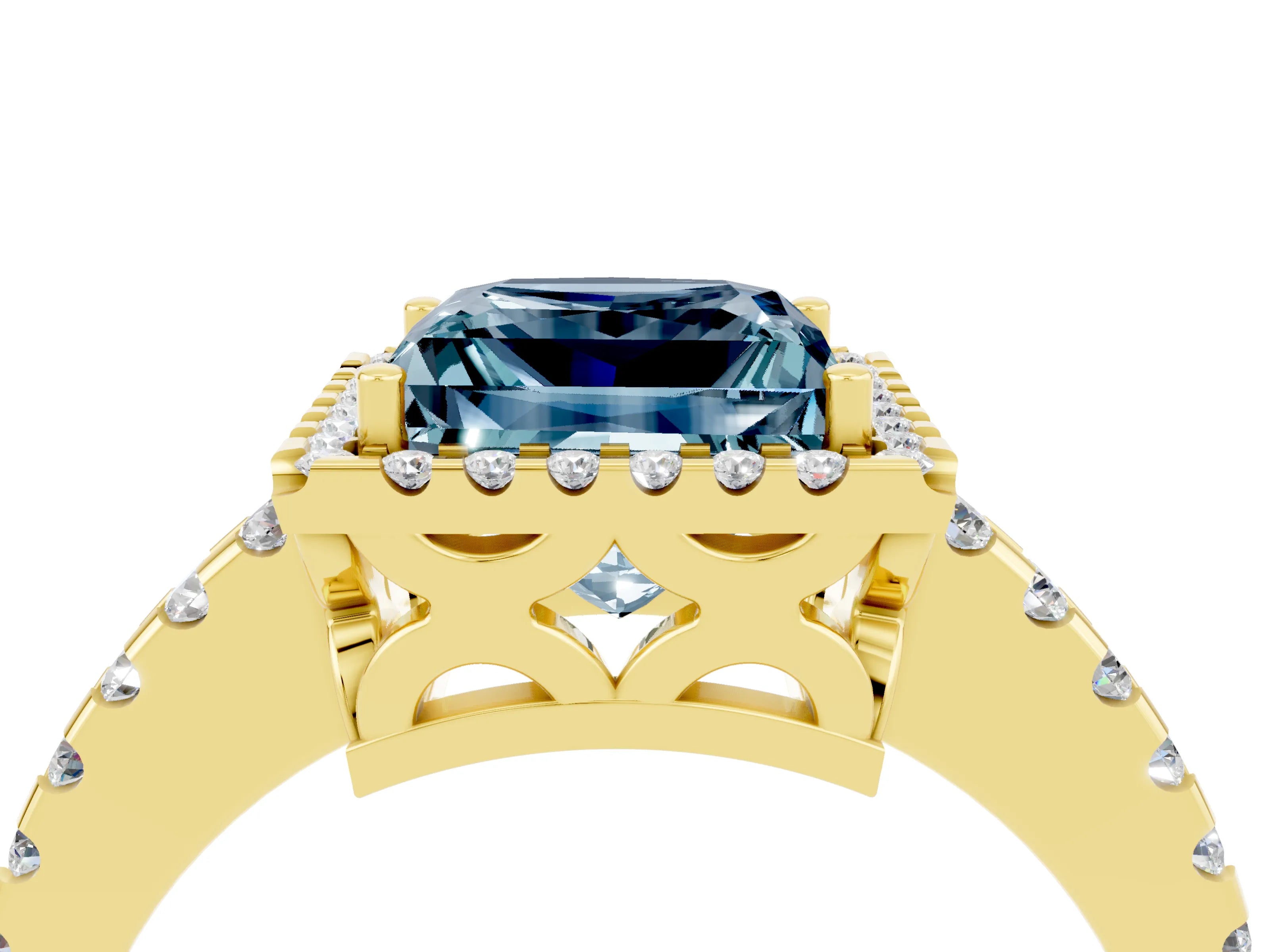 Yellow gold Princess Cut Aquamarine Halo Engagement Ring with Pavé Band and Prong Setting_16