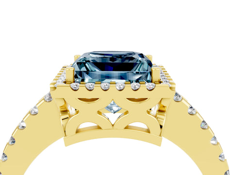 Yellow gold Princess Cut Aquamarine Halo Engagement Ring with Pavé Band and Prong Setting_16