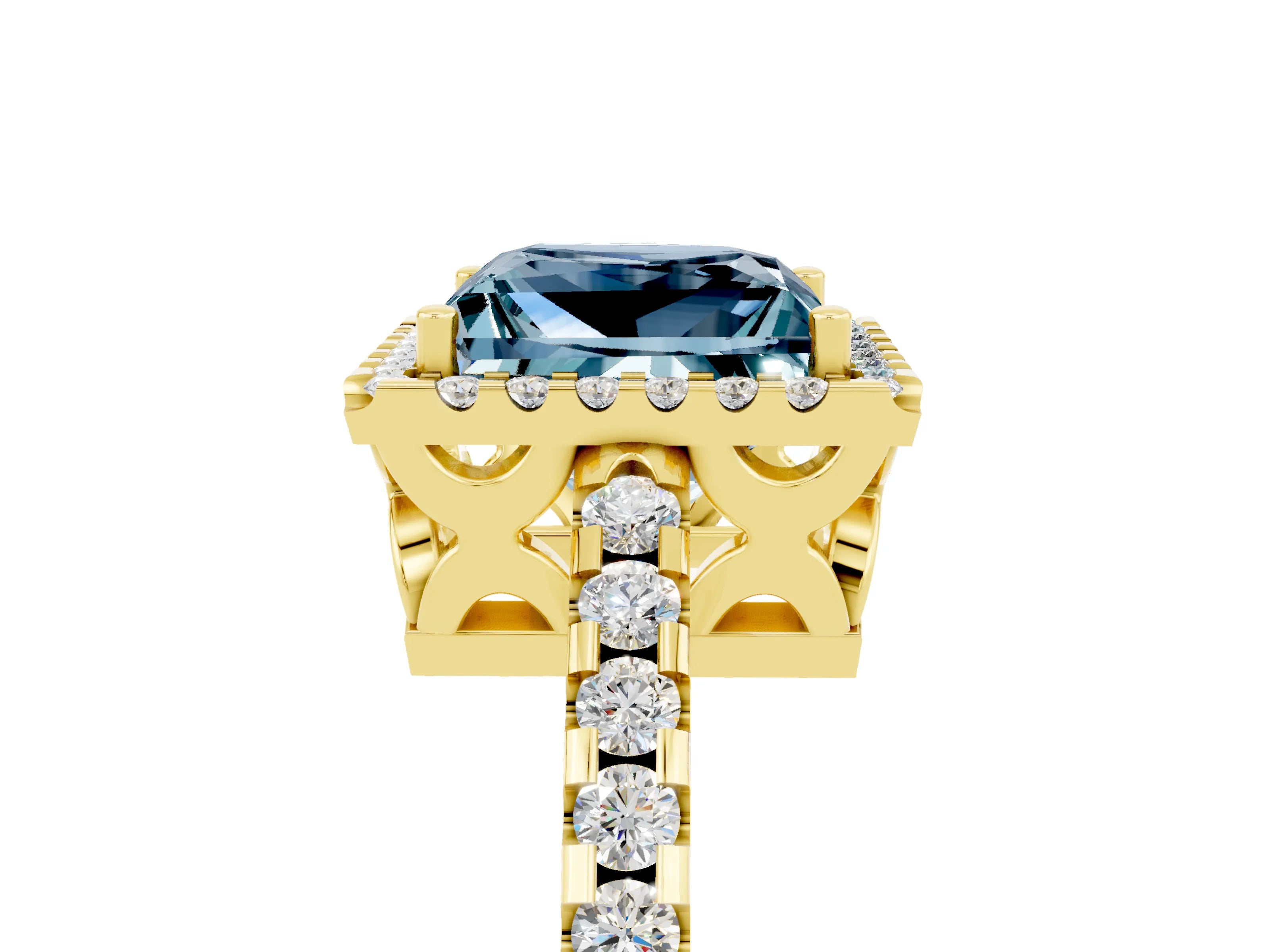 Yellow gold Princess Cut Aquamarine Halo Engagement Ring with Pavé Band and Prong Setting_17