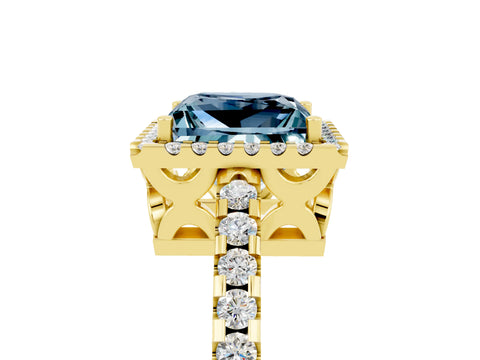 Yellow gold Princess Cut Aquamarine Halo Engagement Ring with Pavé Band and Prong Setting_17