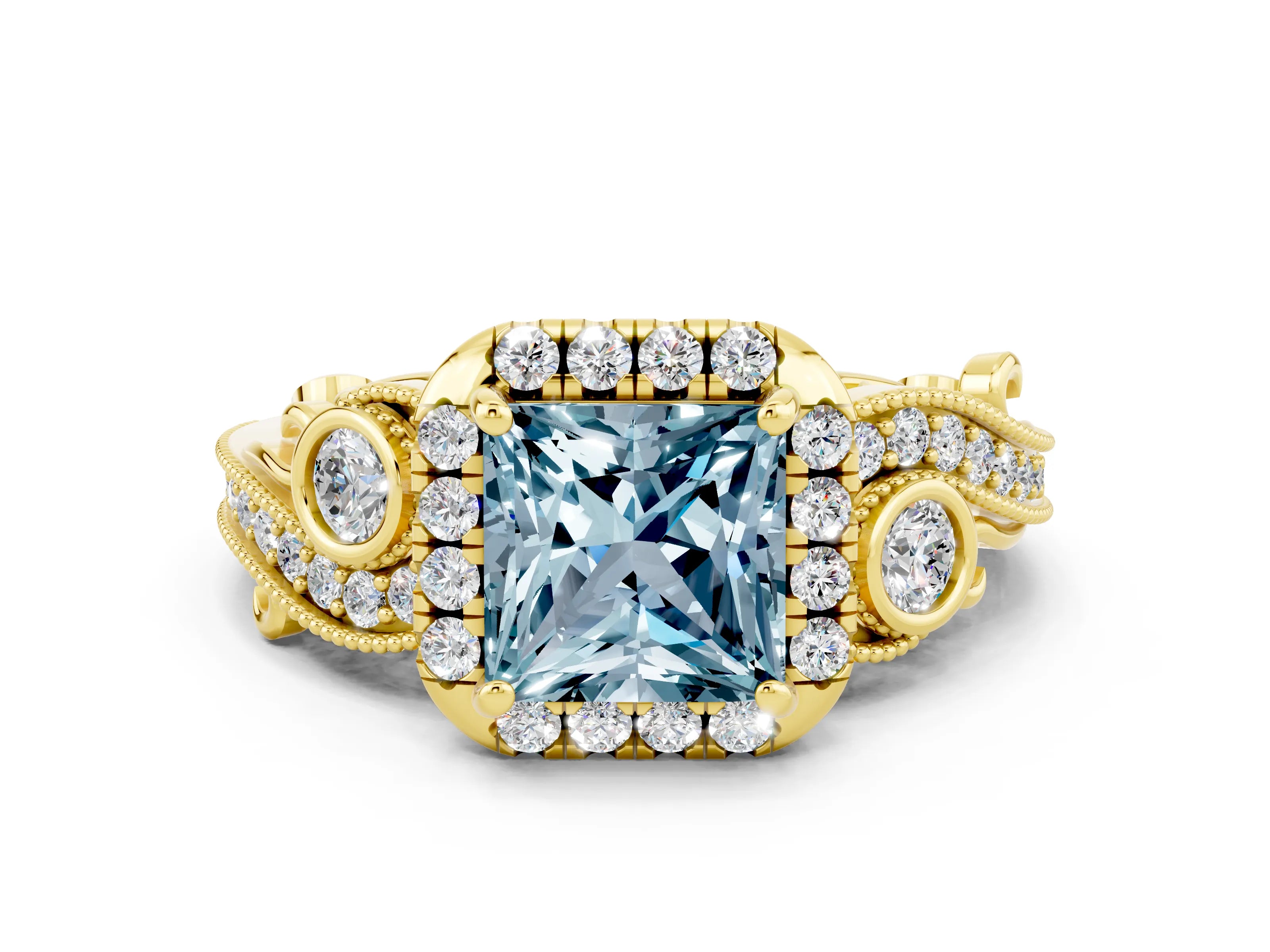 Yellow gold Princess Cut Aquamarine Halo Ring with Milgrain Pavé Band and Four-Prong Setting_48