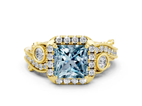 Yellow gold Princess Cut Aquamarine Halo Ring with Milgrain Pavé Band and Four-Prong Setting_48