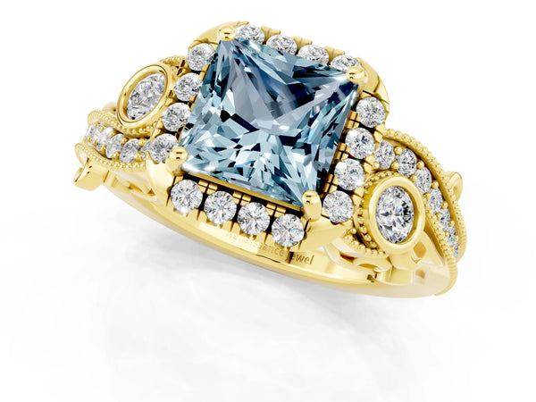 Yellow gold Princess Cut Aquamarine Halo Ring with Milgrain Pavé Band and Four-Prong Setting