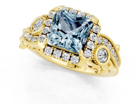Yellow gold Princess Cut Aquamarine Halo Ring with Milgrain Pavé Band and Four-Prong Setting_49