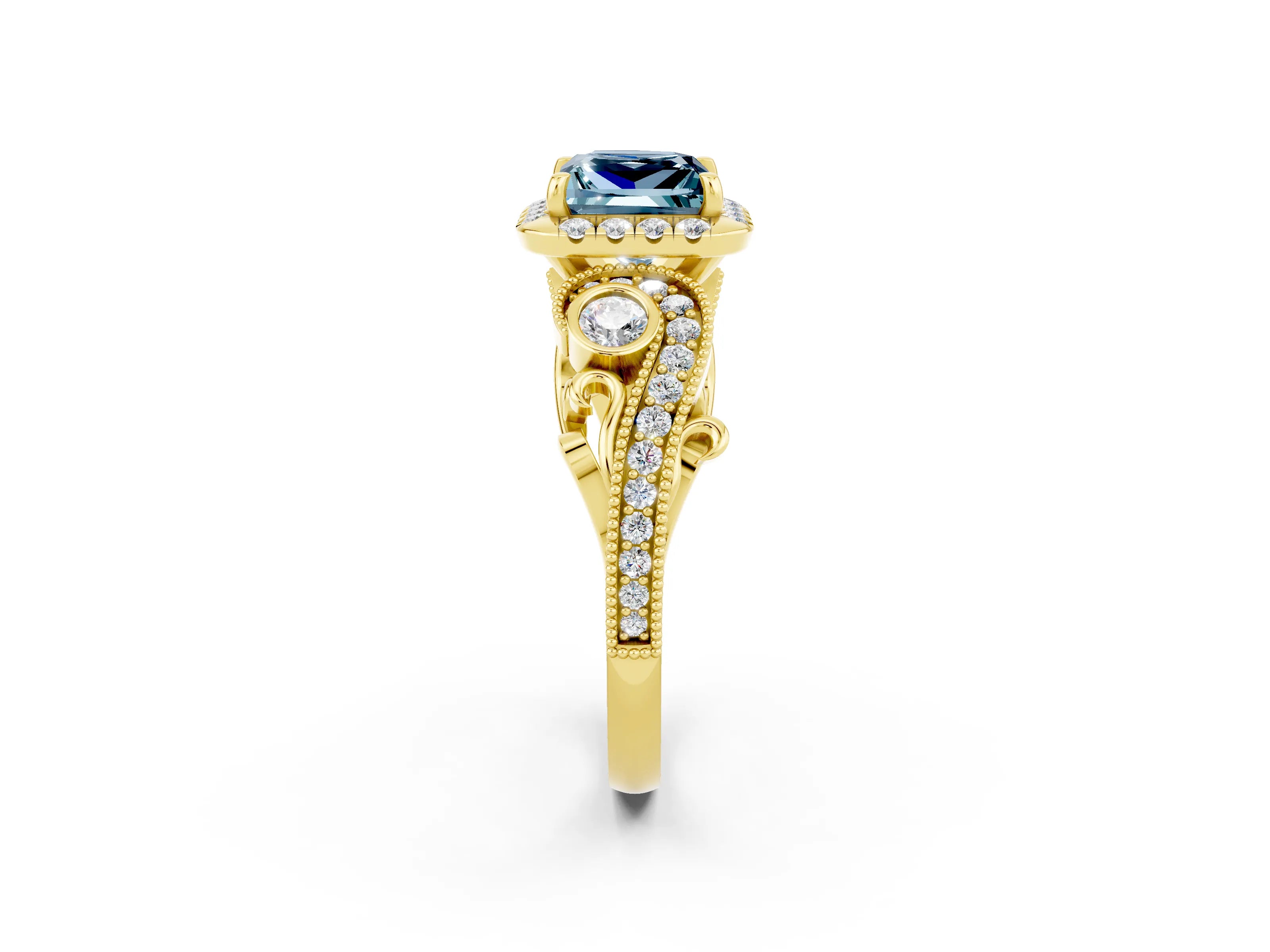 Yellow gold Princess Cut Aquamarine Halo Ring with Milgrain Pavé Band and Four-Prong Setting_50