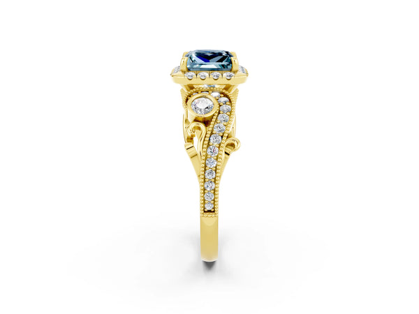 Yellow gold Princess Cut Aquamarine Halo Ring with Milgrain Pavé Band and Four-Prong Setting
