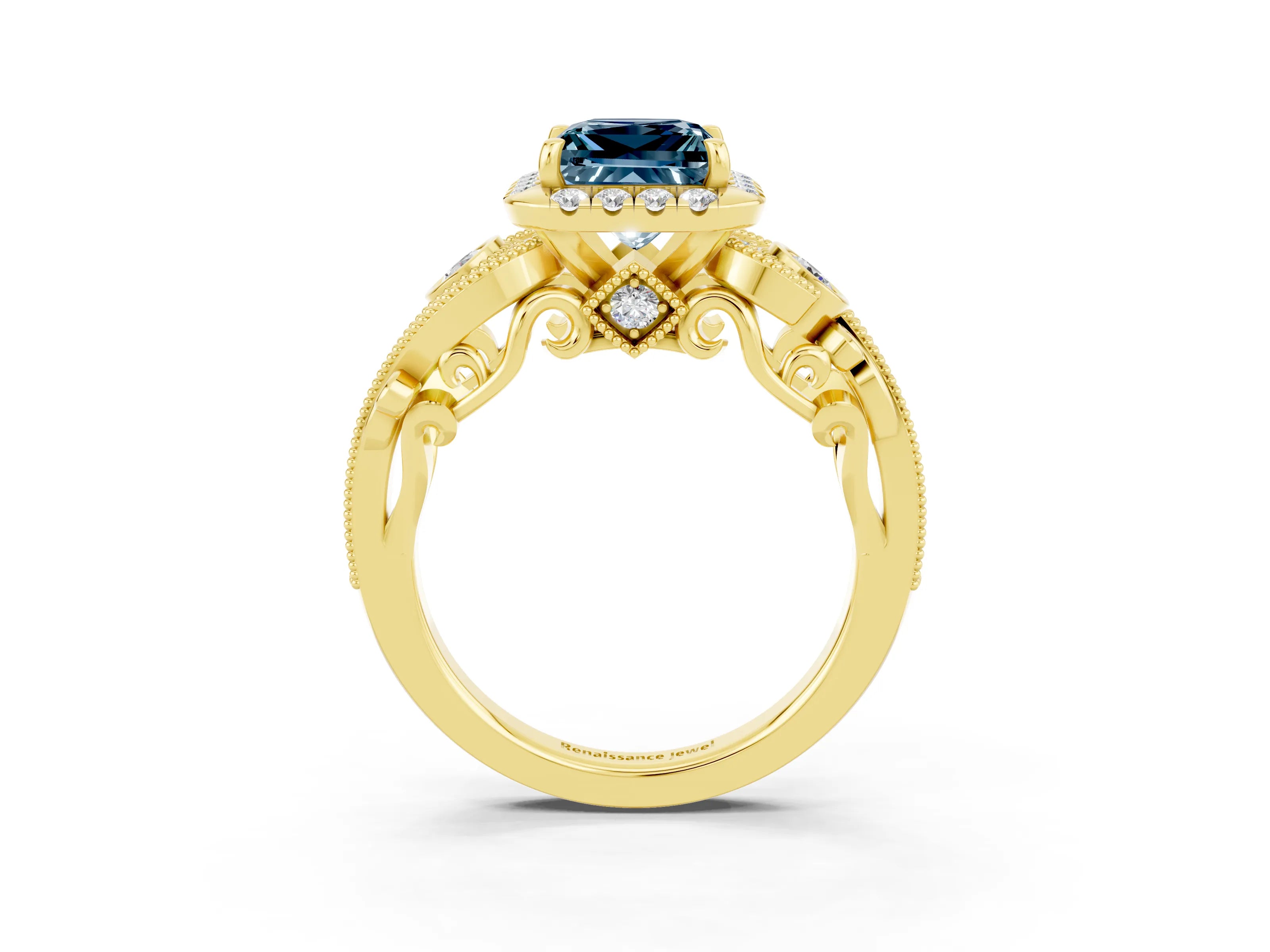 Yellow gold Princess Cut Aquamarine Halo Ring with Milgrain Pavé Band and Four-Prong Setting_51