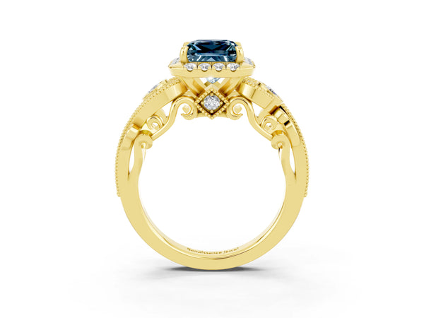 Yellow gold Princess Cut Aquamarine Halo Ring with Milgrain Pavé Band and Four-Prong Setting