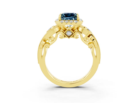 Yellow gold Princess Cut Aquamarine Halo Ring with Milgrain Pavé Band and Four-Prong Setting_51