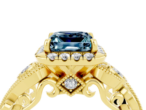 Yellow gold Princess Cut Aquamarine Halo Ring with Milgrain Pavé Band and Four-Prong Setting_52