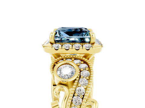Yellow gold Princess Cut Aquamarine Halo Ring with Milgrain Pavé Band and Four-Prong Setting_53