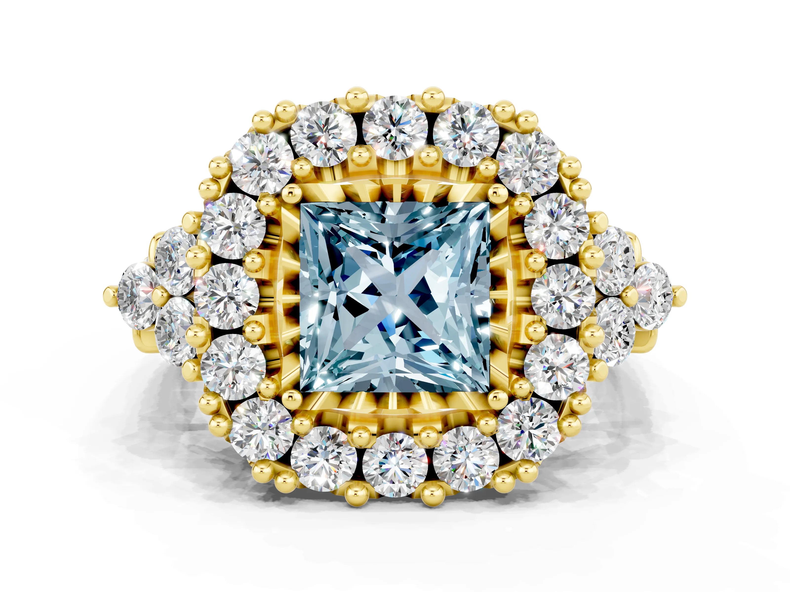 Yellow gold Princess Cut Aquamarine Halo Ring with Pavé Band and Four-Prong Setting_12
