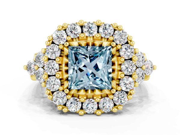 Yellow gold Princess Cut Aquamarine Halo Ring with Pavé Band and Four-Prong Setting