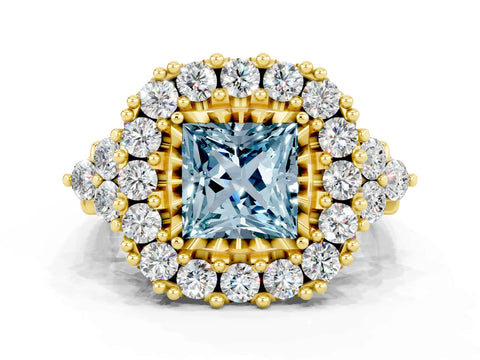 Yellow gold Princess Cut Aquamarine Halo Ring with Pavé Band and Four-Prong Setting_12