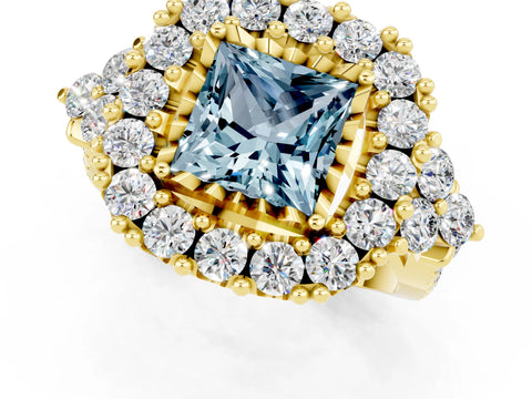 Yellow gold Princess Cut Aquamarine Halo Ring with Pavé Band and Four-Prong Setting_13