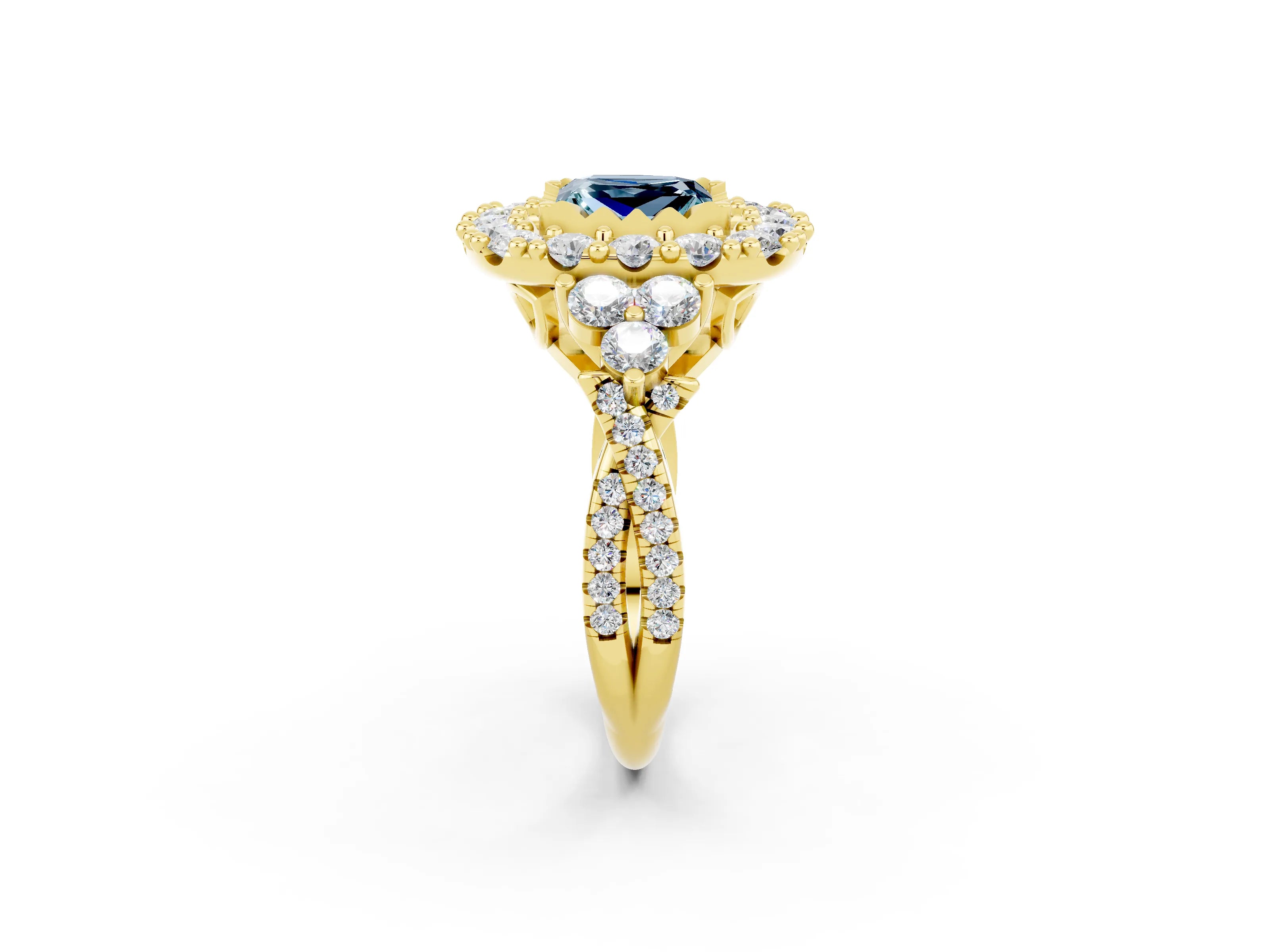 Yellow gold Princess Cut Aquamarine Halo Ring with Pavé Band and Four-Prong Setting_14