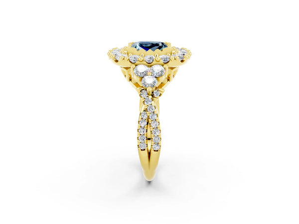 Yellow gold Princess Cut Aquamarine Halo Ring with Pavé Band and Four-Prong Setting