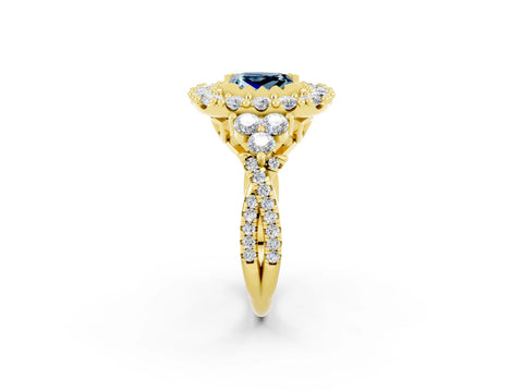 Yellow gold Princess Cut Aquamarine Halo Ring with Pavé Band and Four-Prong Setting_14