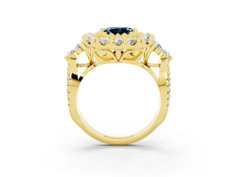 Yellow gold Princess Cut Aquamarine Halo Ring with Pavé Band and Four-Prong Setting_15