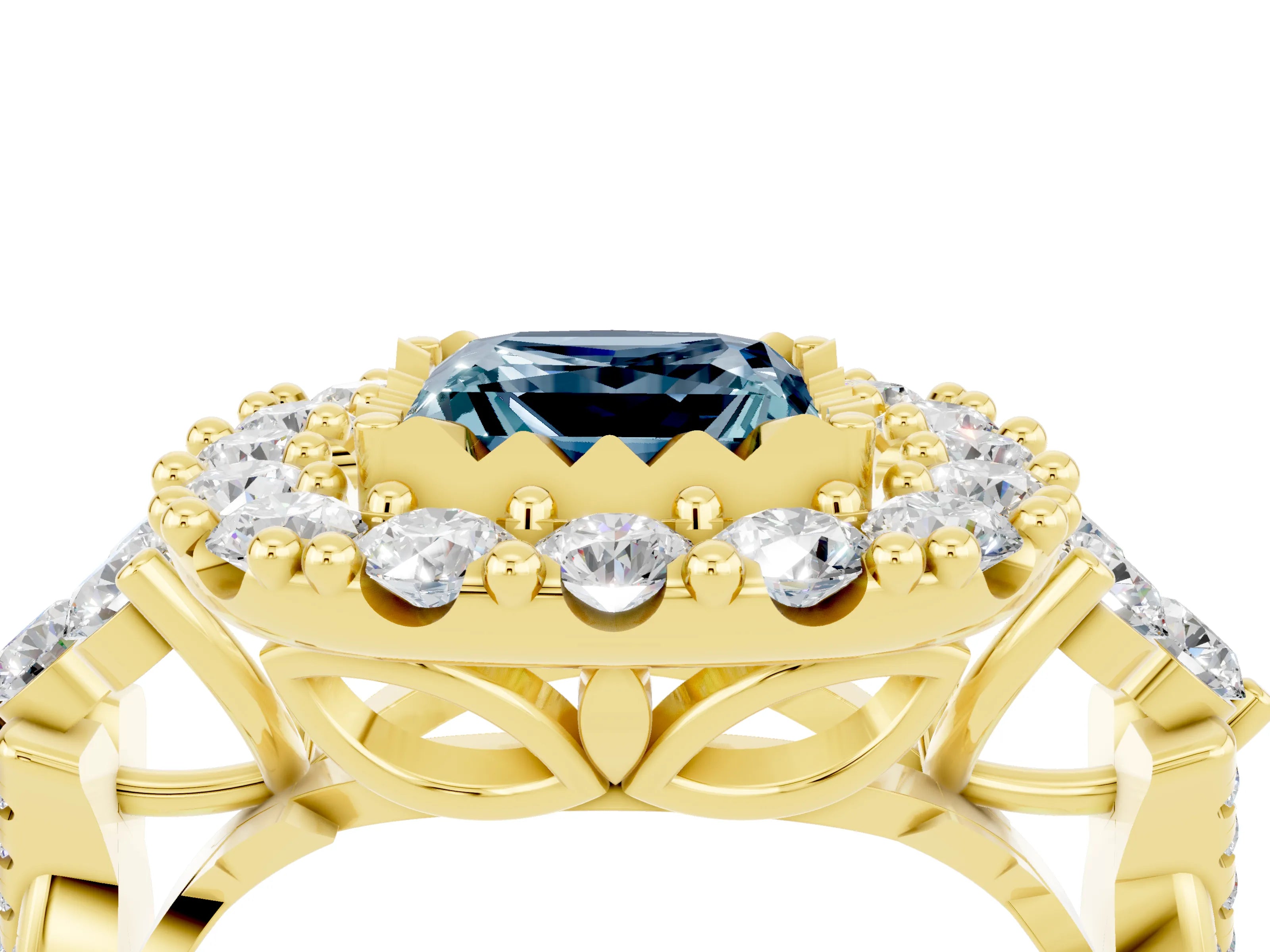 Yellow gold Princess Cut Aquamarine Halo Ring with Pavé Band and Four-Prong Setting_16