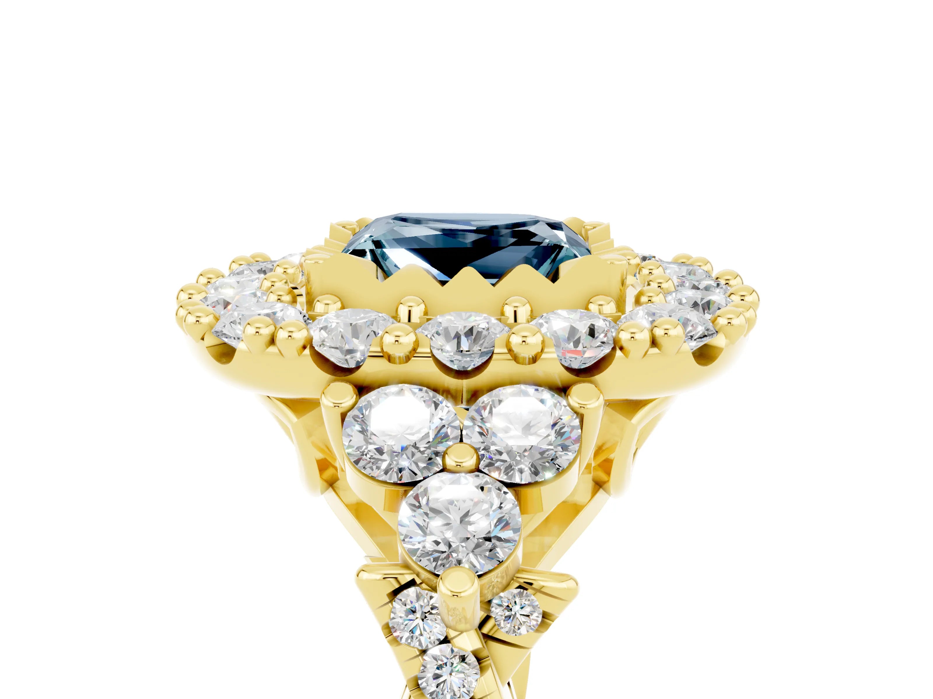 Yellow gold Princess Cut Aquamarine Halo Ring with Pavé Band and Four-Prong Setting_17