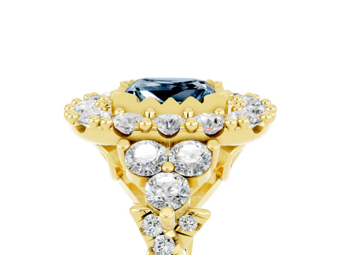 Yellow gold Princess Cut Aquamarine Halo Ring with Pavé Band and Four-Prong Setting_17