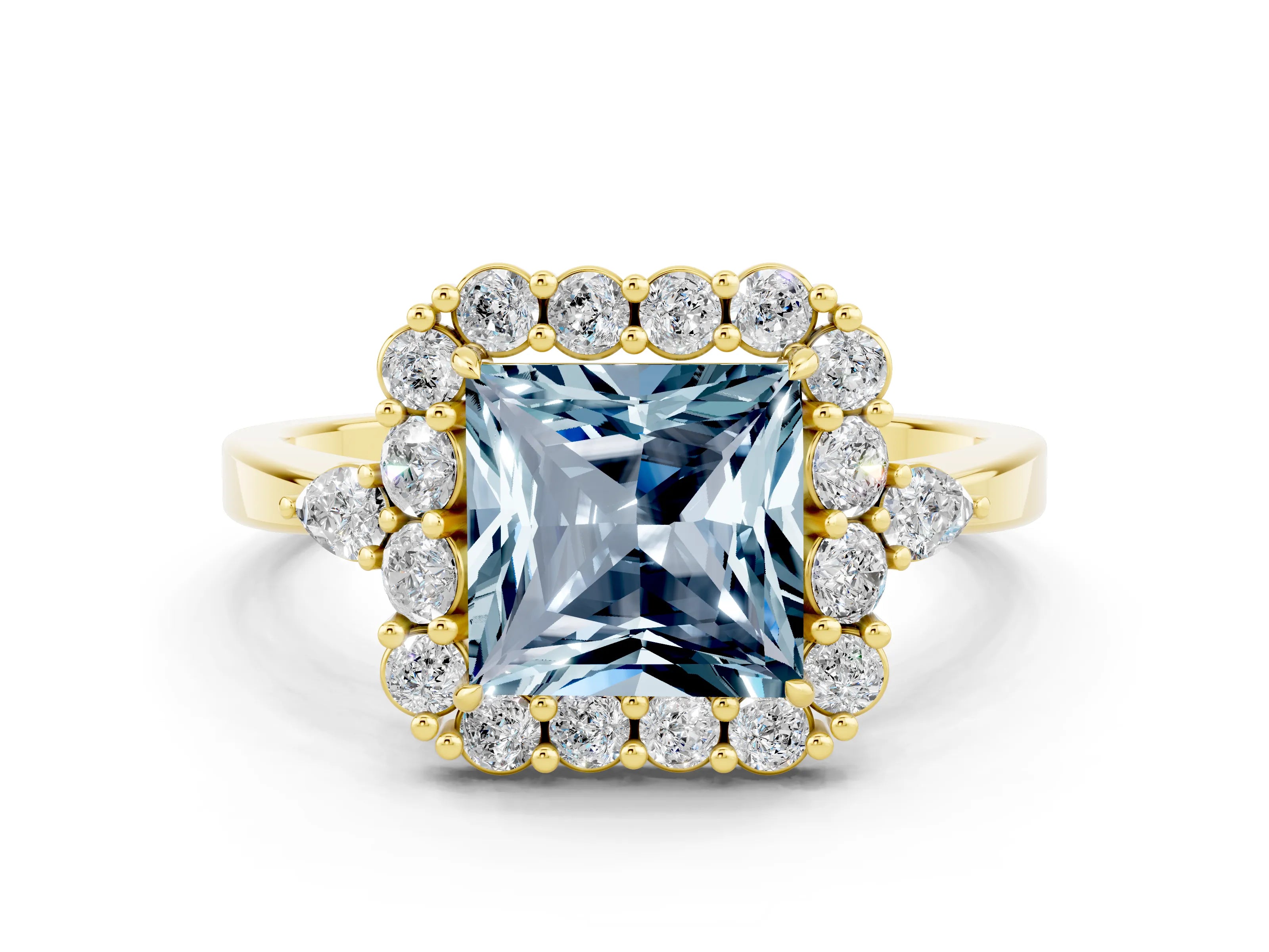 Yellow gold Princess Cut Aquamarine Halo Ring with Pear Side Stones and Prong Setting_12