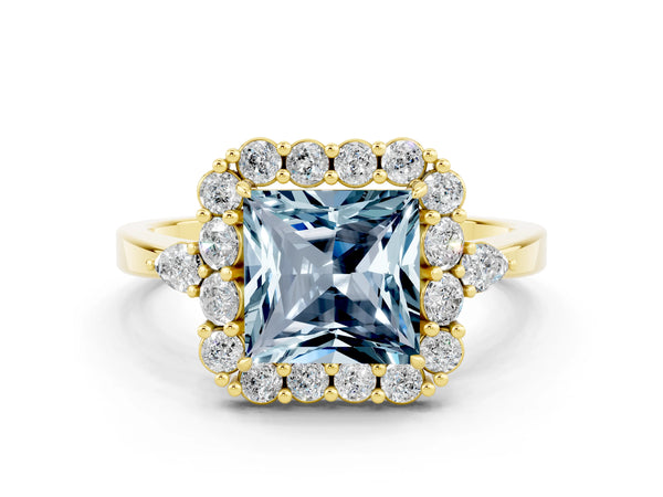 Yellow gold Princess Cut Aquamarine Halo Ring with Pear Side Stones and Prong Setting